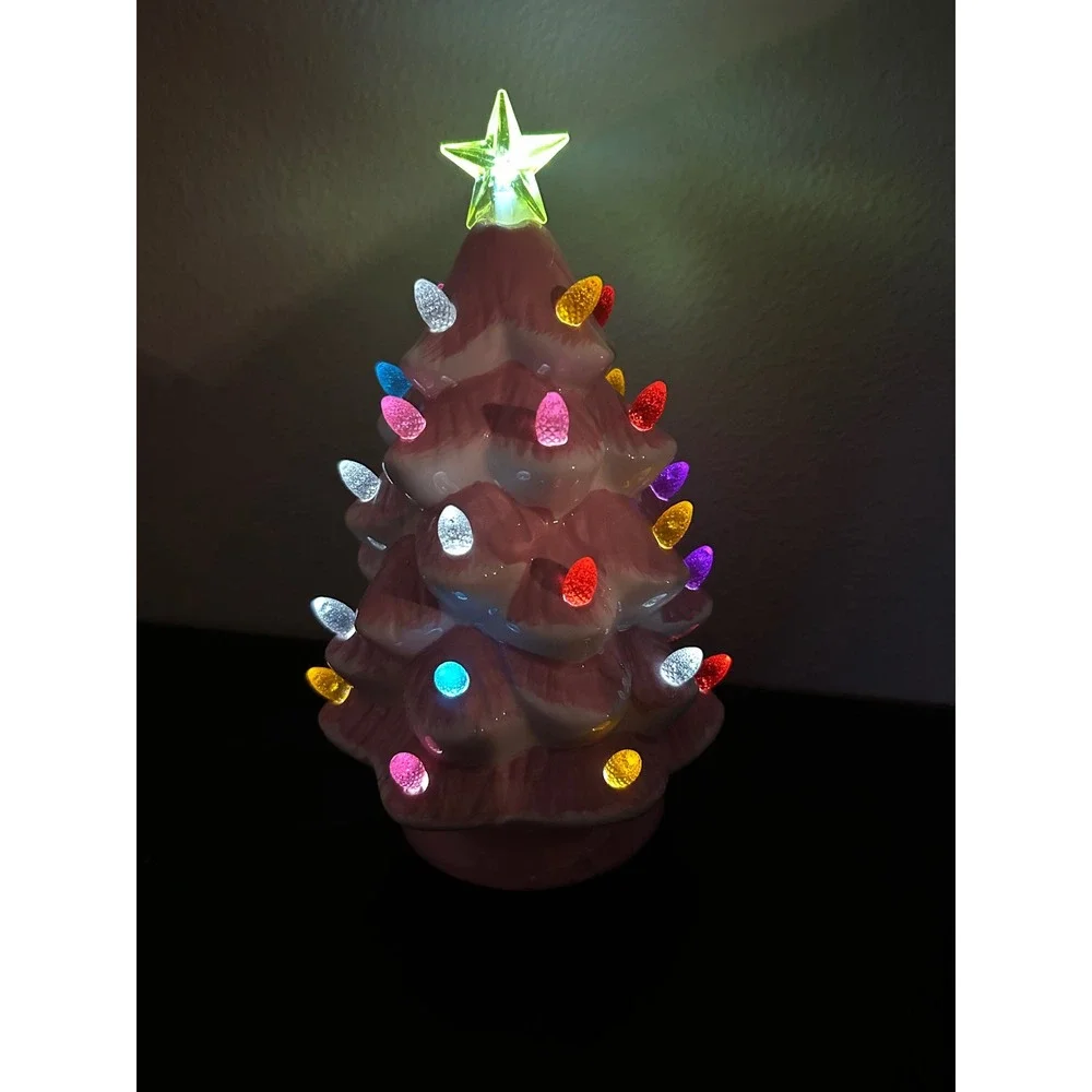 Retro Pink Glaze Ceramic Led Light Up Charming Christmas Tree Decor